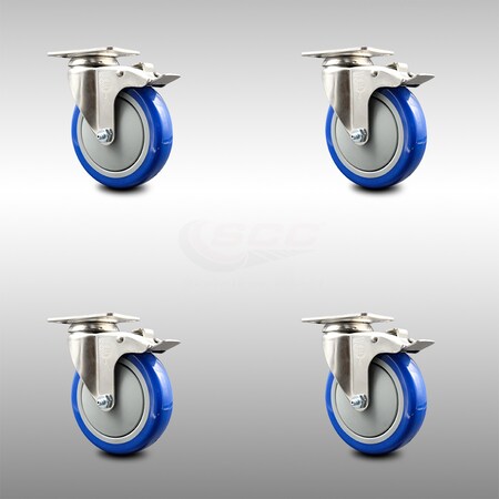 Service Caster 5 Inch 316SS Blue Polyurethane Swivel Top Plate Caster Set Total Lock Brake SCC SCC-SS316TTL20S514-PPUB-BLUE-4